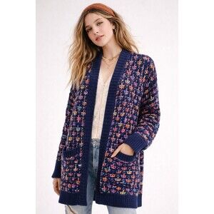 &merci Navy Multicolor Knit Cardigan Sweater Open Front Pockets Size S